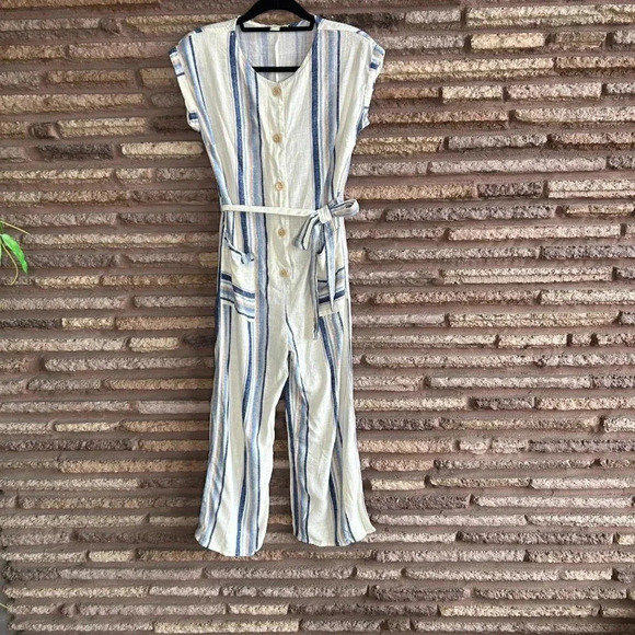 Monteau Los Angeles Blue Striped Linen Blend Casual Jumpsuit Size Medium - Picture 8 of 8